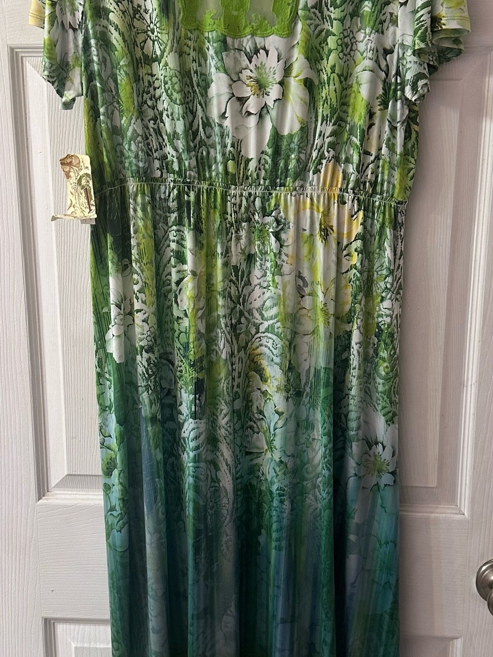 One World Live Let Live Maxi Dress 1X Green Floral Rhinestone Boho Hi Low NWT - Picture 2 of 8
